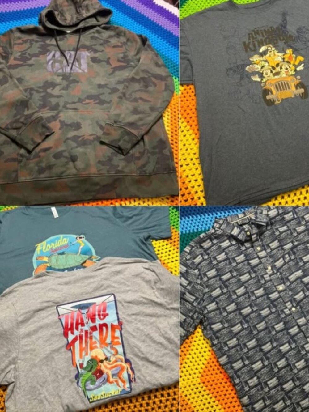 Lot of 5 MENS XXL Items- Camo Catepillar Sweatshirt Fishing Disney Tees Shirt